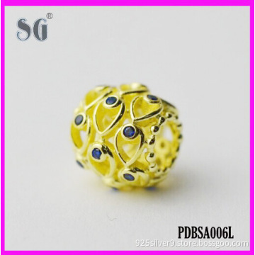Sterling Silver Hollow Design Beads_Hot Selling Beads European Bracelet With Blue Gemstone_Fashion Beads With Real Gold Plated